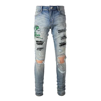 Новые поступления мужской светло-голубой уличной одежды, модные облегающие джинсы с вышитым змеиным узором, Обтягивающие, Растянутые, с дырками, рваные джинсы