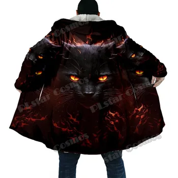 Новый зимний мужской плащ с животным котом, винтажный рисунок, 3D-принт, толстый шерстяной плащ с капюшоном, повседневный теплый плащ-пальто унисекс
