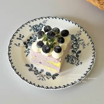 Обеденная тарелка Синий Цветок Французский десерт Диск для торта керамика подарочный Легкий Роскошный поднос для сухофруктов Бытовая Кухонная Печать