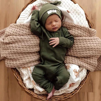 Одежда Для новорожденных мальчиков, однотонный комбинезон с длинными рукавами в рубчик, комбинезон со шляпой для младенцев и малышей, осенняя одежда
