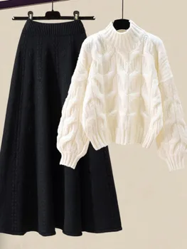 Осенне-зимние Теплые трикотажные комплекты из двух предметов для женщин, Корейские повседневные свитера-пуловеры и утолщенные трикотажные юбки