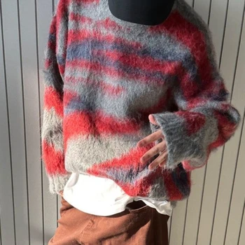 Осенне-зимний свитер в стиле Ретро, мужской свитер с нерегулярной полосой, Градиентные Повседневные Свободные пуловеры для Хай-Стрит, мужская одежда
