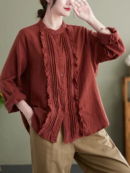 Осень 2023, Женская рубашка, Однотонный Кардиган из котона, свободная женская блузка в стиле ретро с длинным рукавом, модная женская блузка YoYiKmomo