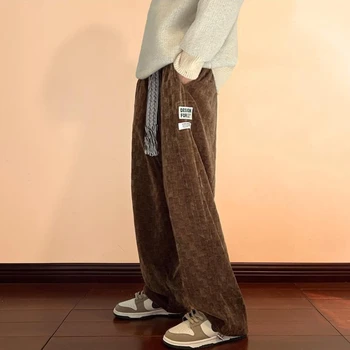 Осень-зима, винтажные вельветовые брюки в клетку в клетку, японский стиль, повседневные свободные уличные широкие брюки, мужская одежда