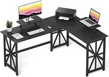 Письменный стол в форме с подставкой для 2 мониторов, 63,8-дюймовый угловой компьютерный стол для домашнего офиса, кабинета, игровой рабочей станции, для