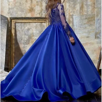 Платья для девочек-цветочниц королевского синего цвета с прозрачной аппликацией с длинным рукавом для свадьбы, Первого причастия Платья на заказ
