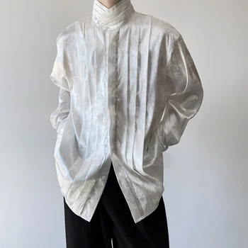 Плиссированная жаккардовая мужская рубашка с воротником-стойкой, длинный рукав, Мода 2023, Осенняя мужская рубашка, однотонная