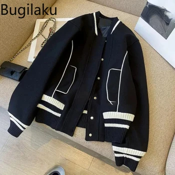 Повседневные куртки в стиле пэчворк контрастного цвета Bugilaku, женское осенне-зимнее новое поступление, Свободная верхняя одежда, женские однобортные пальто