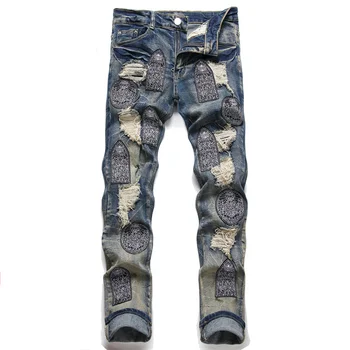 Рваные джинсы в стиле пэчворк в стиле панк, мужские потертые джинсовые брюки в стиле хип-хоп, Прямые облегающие эластичные брюки Y2K