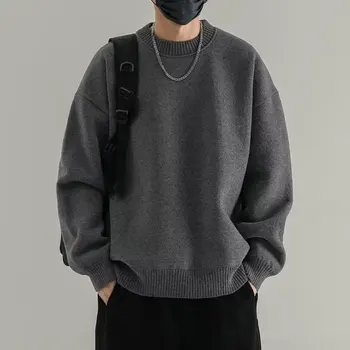 Ретро Простые однотонные свитера с круглым вырезом, топы, мужские повседневные свободные свитера для пары больших размеров, пуловеры, мужская одежда