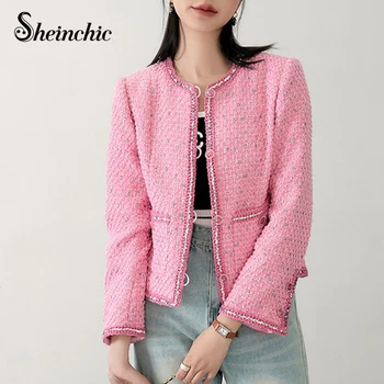 Розовый твидовый жакет для женщин, роскошные Элегантные однобортные пальто из шерсти и смесовых материалов с круглым вырезом, новинка корейской моды в верхней одежде 2023 года.