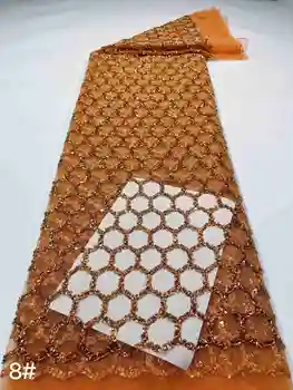 Роскошная кружевная ткань с бисером и пайетками, 5 ярдов для свадебных платьев, хрустальные бусины ручной работы, Африканский свадебный блестящий тюль, последовательность