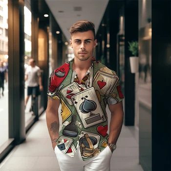 Рубашка с коротким рукавом и 3D принтом в стиле покер, готическая рубашка с отложным воротником в стиле харадзюку, Летняя высококачественная рубашка, мужская модная рубашка на пуговицах