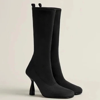 Сапоги до колена из эластичной ткани с квадратным носком, черные облегающие однотонные женские всесезонные ботинки Cool Girl
