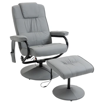 Серое массажное кресло из искусственной кожи с откидной спинкой и пуфиком, вращающееся вибромассажное кресло для отдыха с дистанционным управлением