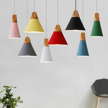 Современные деревянные подвесные светильники с многоцветным алюминиевым абажуром, подвесные светильники для столовой, домашнего комбинированного бара, настоящий осветительный прибор