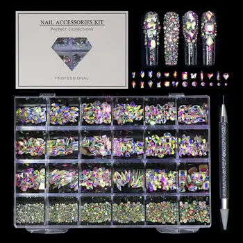 Украшения для ногтей Многоразмерные Ab / Красочные исправления Стразы Flatback Crystal Diamond Gems 3D Glitter Nail Art Роскошные украшения