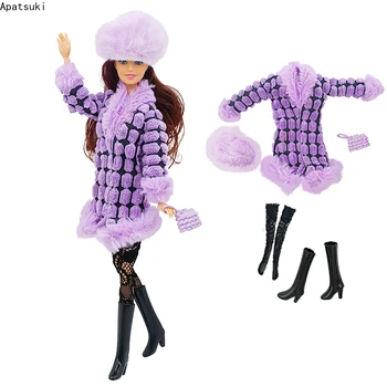 Фиолетовое длинное пальто из искусственного меха, куртка, комплект одежды для куклы Барби, Меховая шапка ручной работы, Носки, Сапоги, Обувь, сумка 1/6, аксессуары