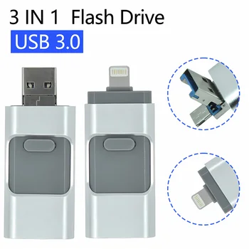 Флэш-накопители USB 3.0, Совместимые с iPhone / iOS / iPad / Android / ПК 64 ГБ 128 ГБ [3-в-1] Внешний накопитель Lightning OTG Jump Drive Stick