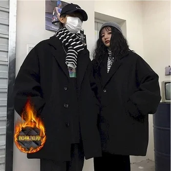 Хлопковое плотное пальто, студенческая одежда для хай-стрит, осень-зима, Корейские свободные Мужские Женские костюмы в стиле харадзюку, Длинные Черные Ретро Шерстяные