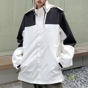 Черно-белая лоскутная винтажная цветная куртка, женский мешковатый модный блейзер с капюшоном, уютная осенняя куртка для вечеринки в стиле бойфренд в стиле хип-хоп