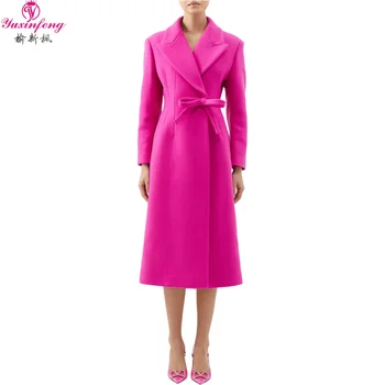 Шерстяное пальто Yuxinfeng для женщин 2023, Элегантная осенне-розовая мода, тонкий бант, дизайн с длинным рукавом, женский шерстяной тренч оверсайз, длинный тренч