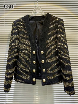 Элегантное пальто VGH с однотонными лоскутными заклепками Для женщин, V-образный вырез, Длинный рукав, Двубортные Темпераментные пальто, Новинка женской моды