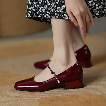 Элегантные женские вечерние туфли во французском стиле на высоком каблуке, платформа, лакированная кожа, Мэри Джейн, Бордовый, черный, туфли-лодочки на среднем каблуке с квадратным носком