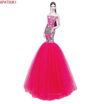 Ярко-розовые вечерние платья без рукавов для кукол Барби, свадебное платье ручной работы с рыбьим хвостом, аксессуары для кукол 1/6, Подарки для девочек