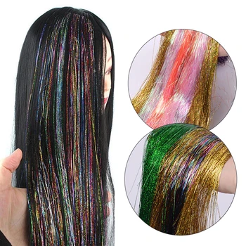 12 Цветов ярко сияют Благодаря лазерному наращиванию накладных волос для девочек цвета радуги длиной 90 см, украшенным блестящими полосками
