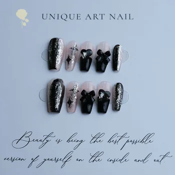 XXIU, Гвозди ручной работы, полное покрытие, профессиональные ногти, бант Starburst, черный Французский дизайн ногтей love, накладные ногти