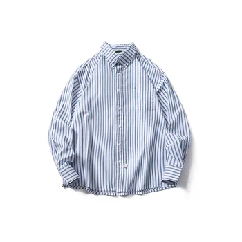 Весенне-осенняя мужская рубашка в полоску, новый Японский молодежный свободный повседневный хлопковый топ с отворотом и длинными рукавами