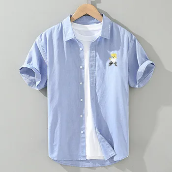 Мягкая освежающая рубашка из 100% хлопка, оригинальная вышивка мультяшного медведя в японском стиле, Повседневный простой однотонный крутой топ, рубашка с коротким рукавом