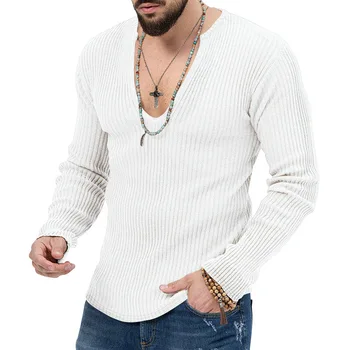 Пуловер, мужской свитер с V-образным вырезом, однотонный осенний приталенный свитер с длинным рукавом, мужская повседневная одежда